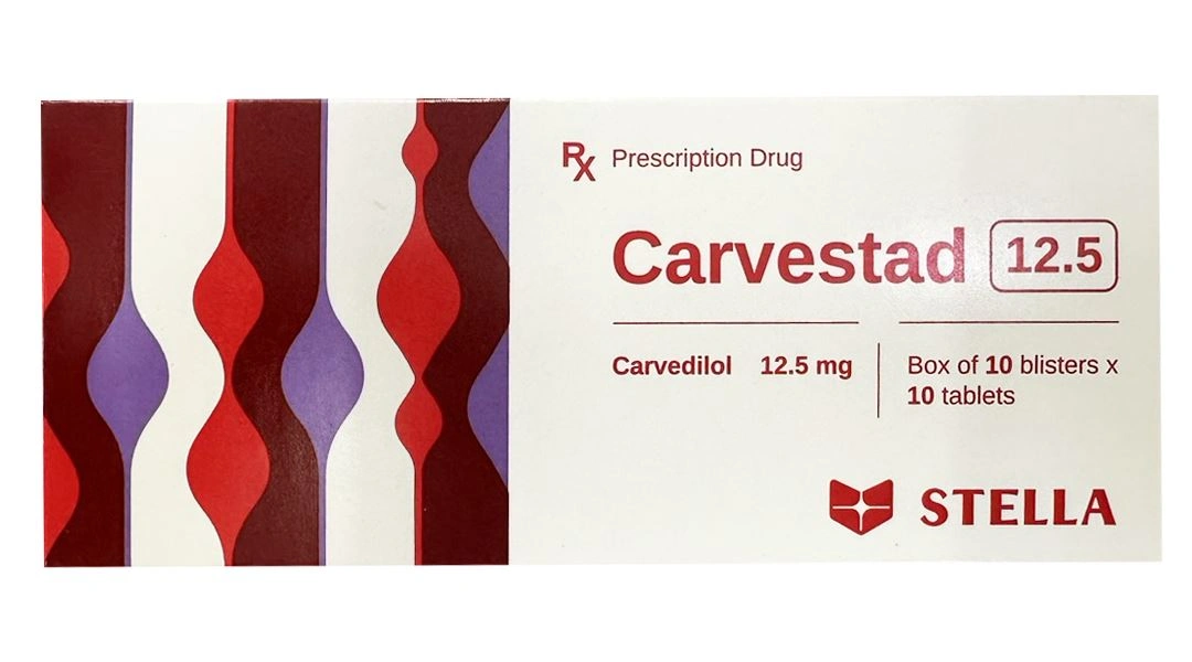 Carvestad 12.5 điều trị tăng huyết áp, đau thắt ngực và suy tim (10 vỉ x 10 viên) - 