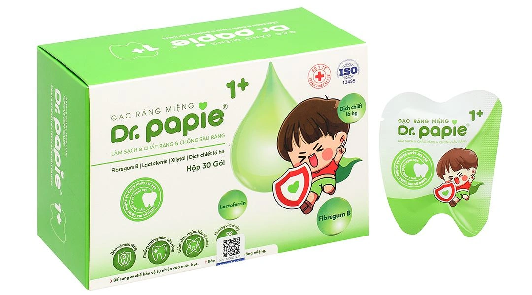 Gạc răng miệng Dr. Papie 1+ làm sạch, chắc răng, chống sâu răng cho bé hộp 30 miếng - 
