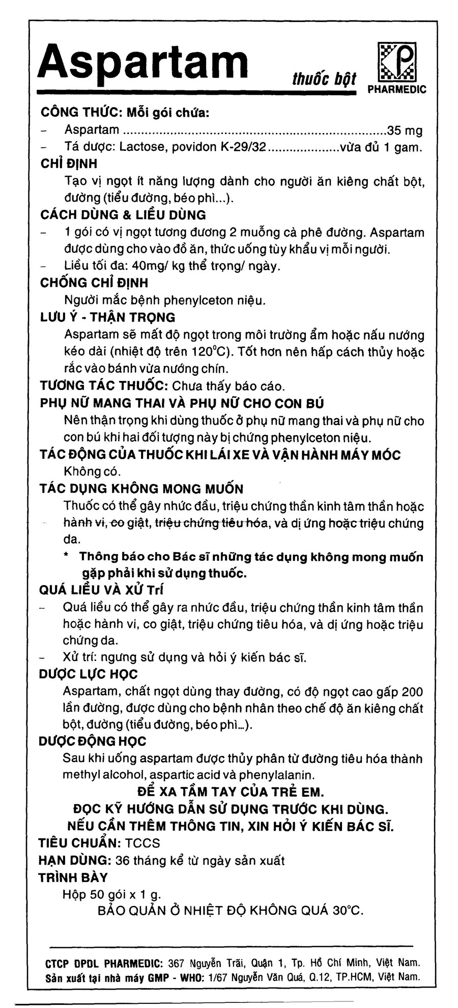 Thuốc bột Aspartam Pharmedic tạo ngọt ít năng lượng - 3
