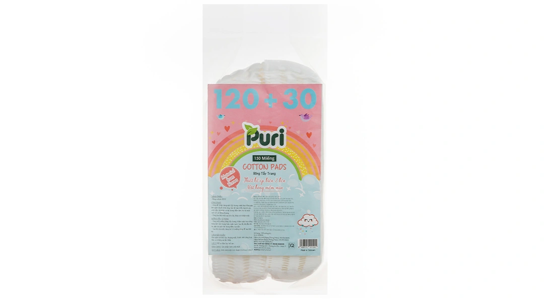 Bông tẩy trang Puri mặt bông mềm mịn dạng vuông gói 150 miếng - 