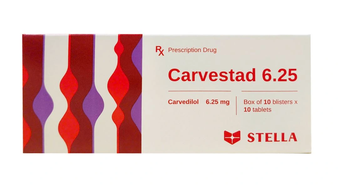 Carvestad 6.25 điều trị tăng huyết áp, đau thắt ngực (10 vỉ x 10 viên) - 
