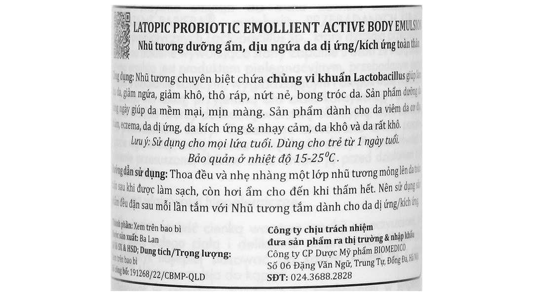 Sữa dưỡng Latopic Probiotic Emollient Active Body Emulsion dưỡng ẩm toàn thân, dịu da kích ứng chai 250ml - 4