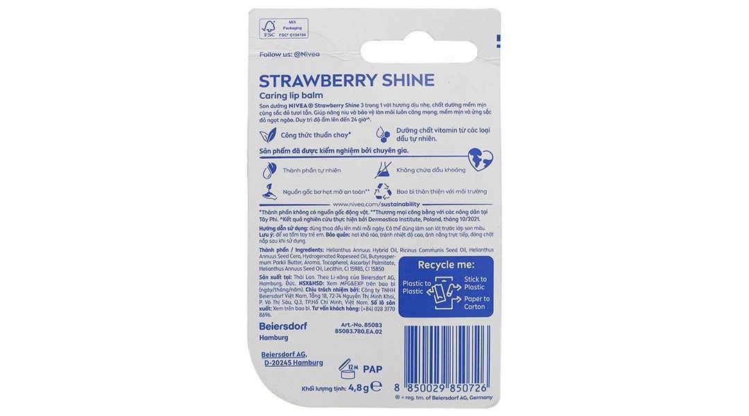 Son dưỡng môi Nivea Strawberry Shine duy trì độ ẩm, bảo vệ môi căng mọng, mềm mịn thỏi 4.8g - 1