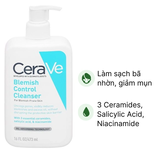 Sữa rửa mặt CeraVe Blemish Control Cleanser ngừa mụn, làm sạch bã nhờn