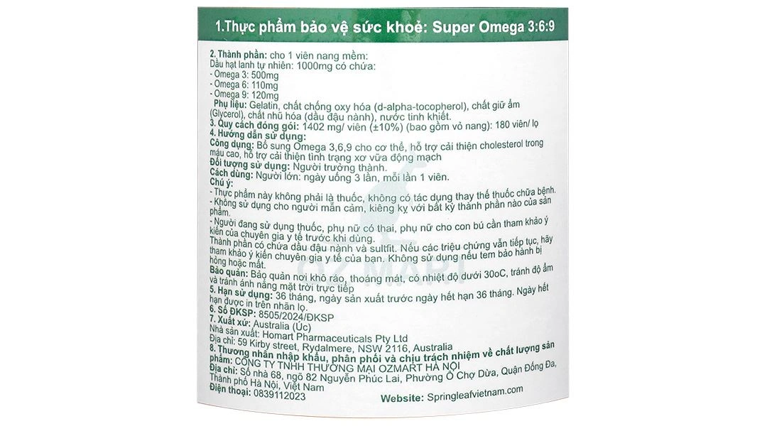 Thực phẩm bảo vệ sức khỏe SpringLeaf Super Omega 3:6:9 lọ 180 viên - 5