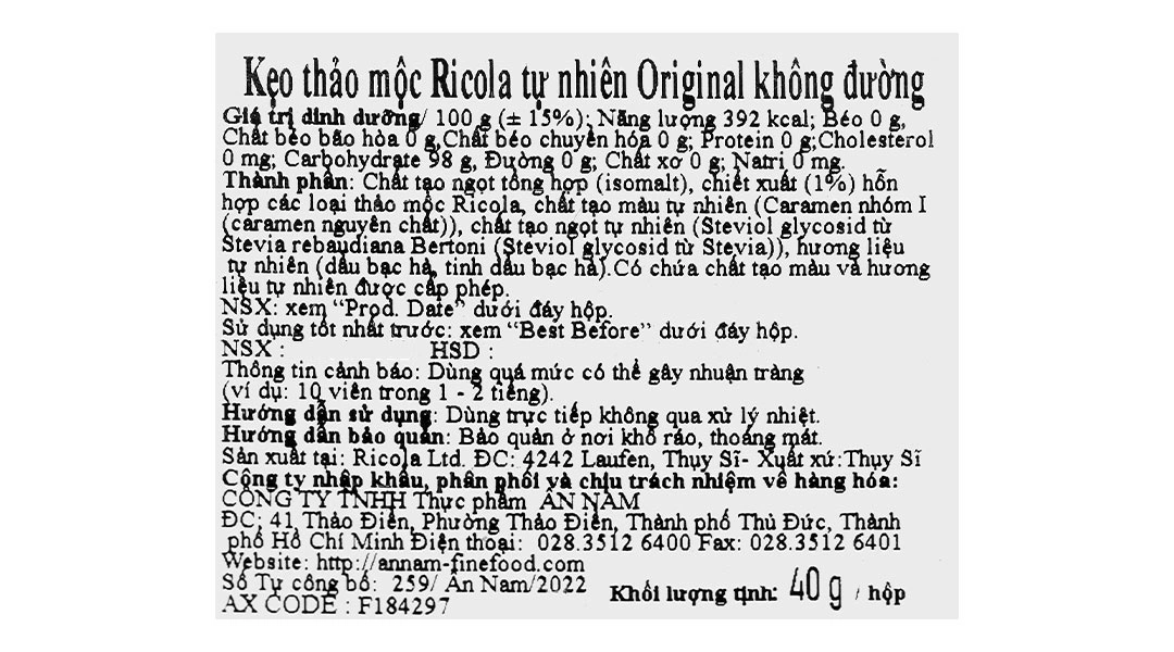 Kẹo Thảo Mộc Ricola Alpine Herbs Cranberry Không Đường hộp 40g - 4