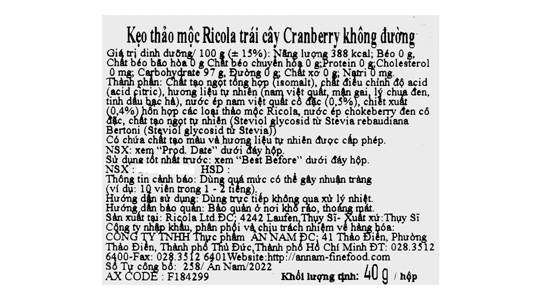 Kẹo Thảo Mộc Ricola Alpine Herbs Cranberry Không Đường hộp 40g - 1