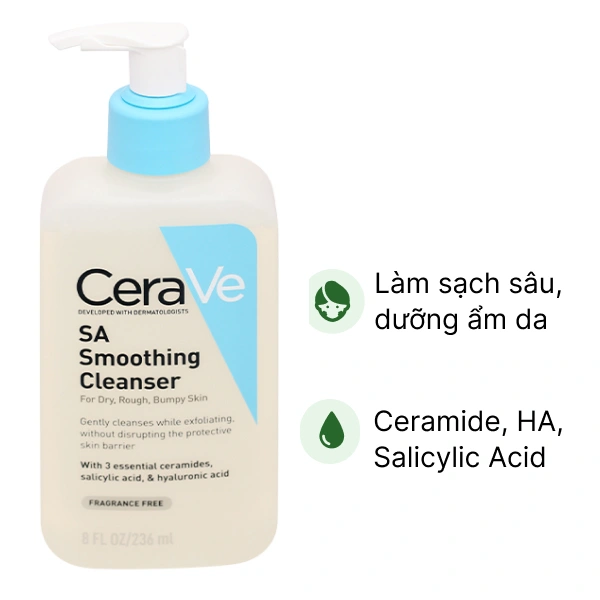 Sữa rửa mặt CeraVe SA Smoothing Cleanser làm sạch dịu nhẹ cho da mụn nhạy cảm