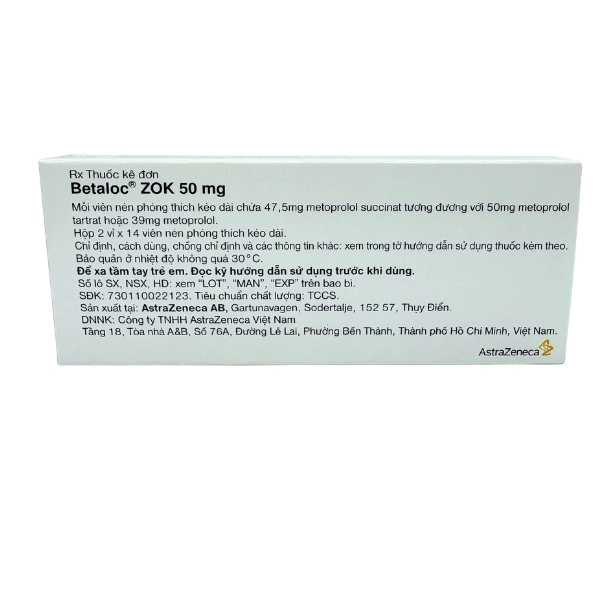 Betaloc ZOK 50mg trị tăng huyết áp, đau thắt ngực (2 vỉ x 14 viên) - 1