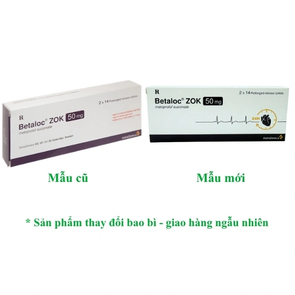 Betaloc ZOK 50mg trị tăng huyết áp, đau thắt ngực (2 vỉ x 14 viên) - 