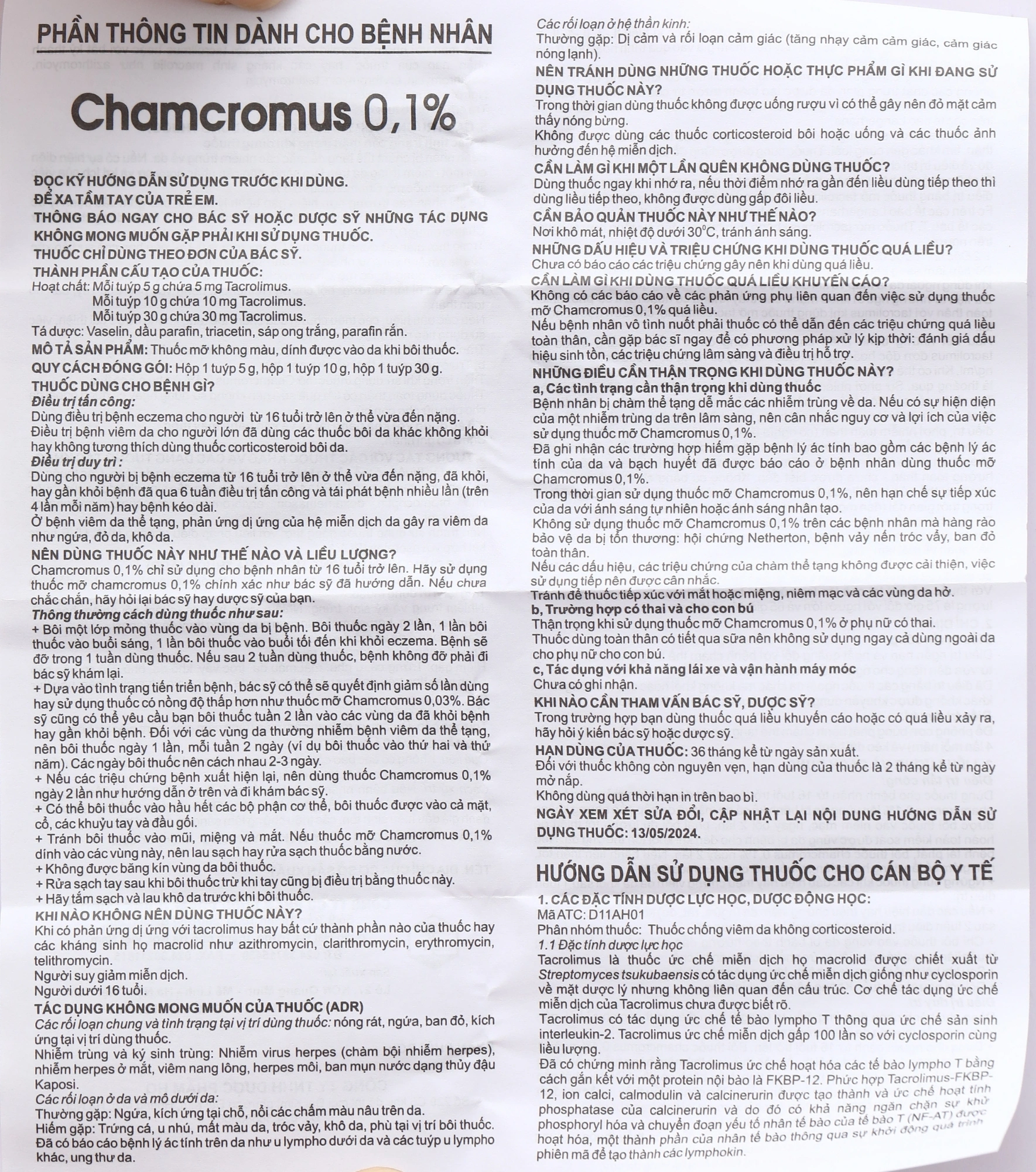 Kem bôi Chamcromus 0,1% điều trị viêm da vừa đến nặng tuýp 10g - 10