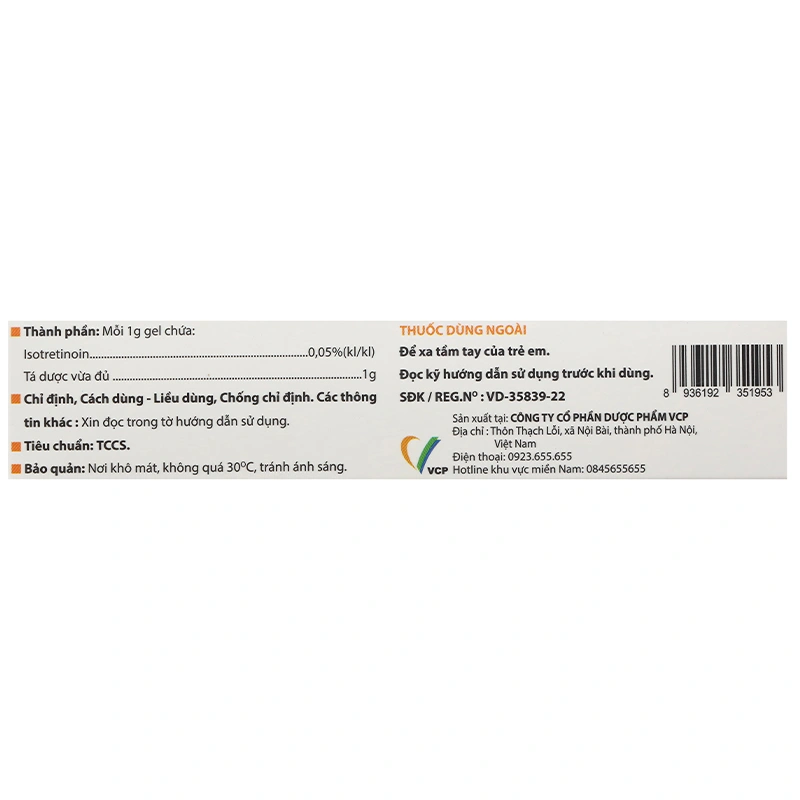 Kem bôi Isotrin 0,05% VCP điều trị mụn trứng cá tuýp 15g - 9