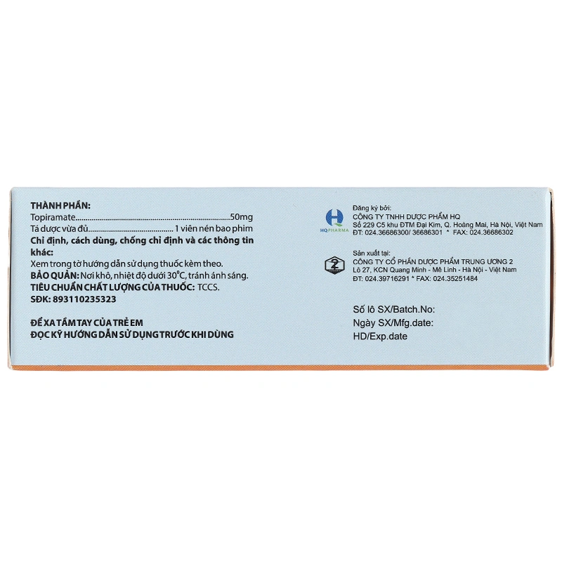 Torapain 50mg H/60V điều trị động kinh cục bộ, dự phòng đau nửa đầu hộp 60 viên - 2