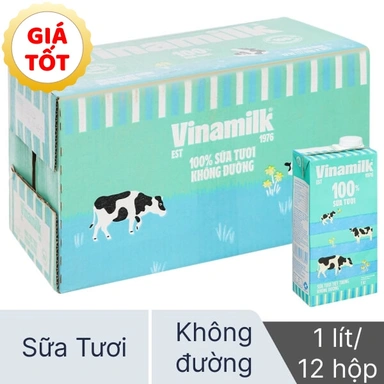 Thùng 12 hộp sữa tươi Vinamilk không đường 1 lít