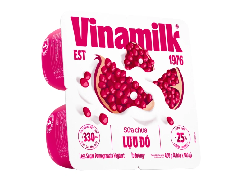 Lốc 4 hộp sữa chua lựu đỏ ít đường Vinamilk bổ sung Collagen 100g