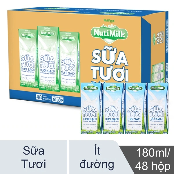 Thùng 48 hộp sữa tươi Nutimilk tươi sạch ít đường 180ml