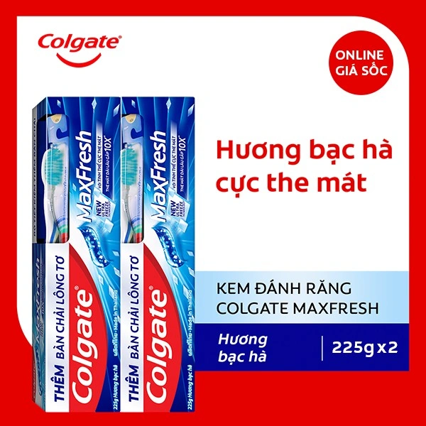 2 tuýp kem đánh răng Colgate MaxFresh hương bạc hà 225g