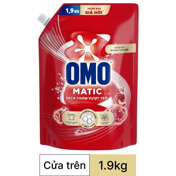 Nước giặt OMO cửa trên sạch thơm vượt trội túi 1.9kg