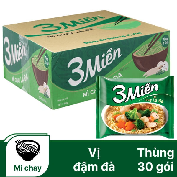 Thùng 30 gói mì chay lá đa 3 Miền 65g