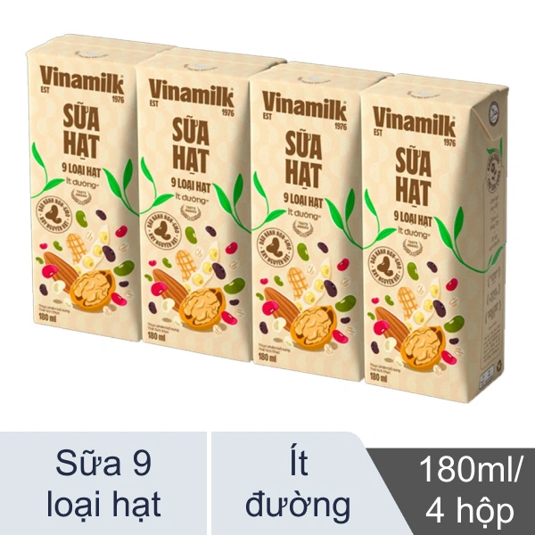 Lốc 4 hộp sữa Vinamilk 9 loại hạt ít đường 180ml