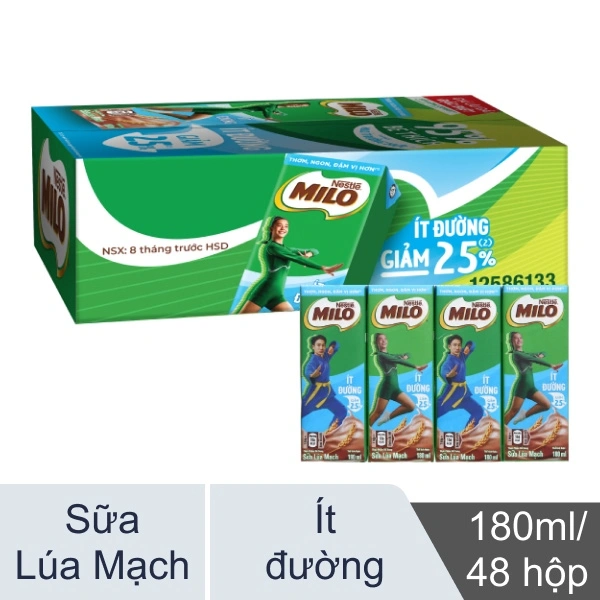 48 hộp sữa lúa mạch Milo ít đường 180ml