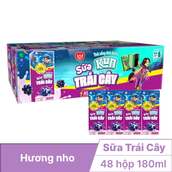 Thùng 48 hộp sữa trái cây Kun nho 180ml