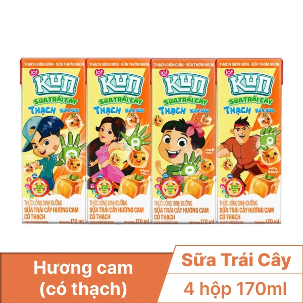 Lốc 4 hộp sữa trái cây Kun hương cam 170ml