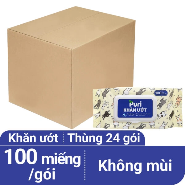 Thùng 24 gói khăn ướt Puri không mùi 100 miếng