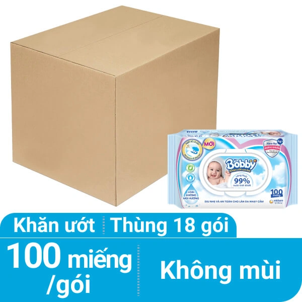 Thùng 18 gói khăn ướt em bé Bobby không mùi 100 miếng