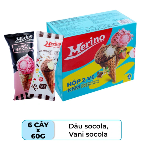 Hộp 6 cây kem ốc quế vani socola & dâu socola Merino 60g