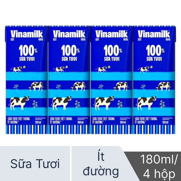Lốc 4 hộp sữa tươi Vinamilk ít đường 180ml