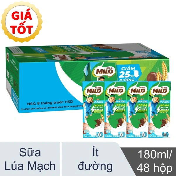 48 hộp sữa lúa mạch Milo ít đường 180ml
