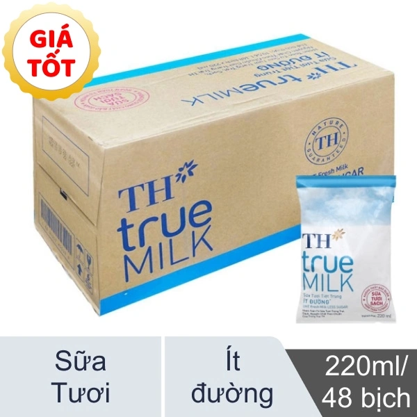 Thùng 48 bịch sữa tươi ít đường TH true MILK 220ml