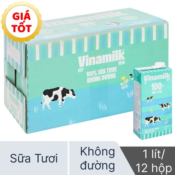 Thùng 12 hộp sữa tươi Vinamilk không đường 1 lít