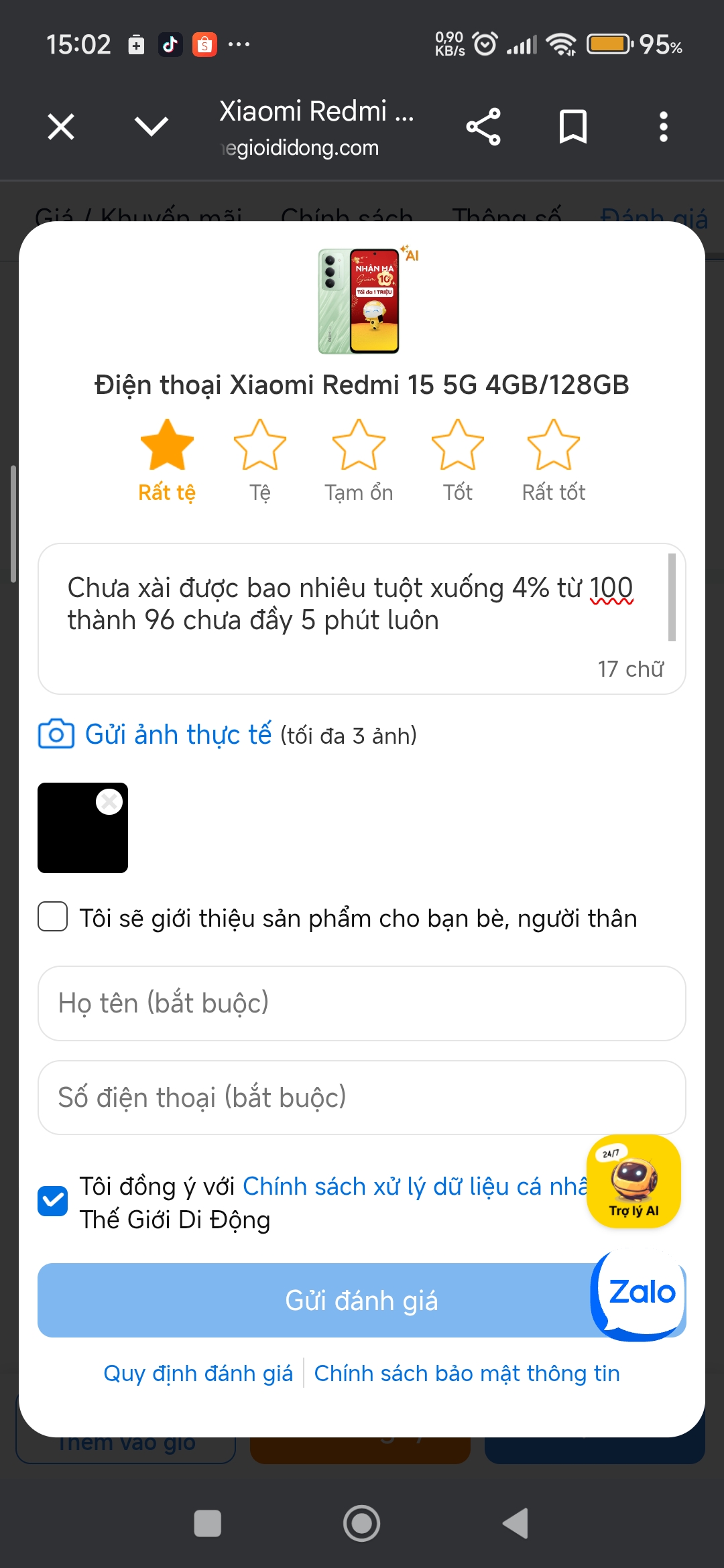 Khách hàng review Điện thoại Xiaomi Redmi 15 5G 4GB/128GB 2