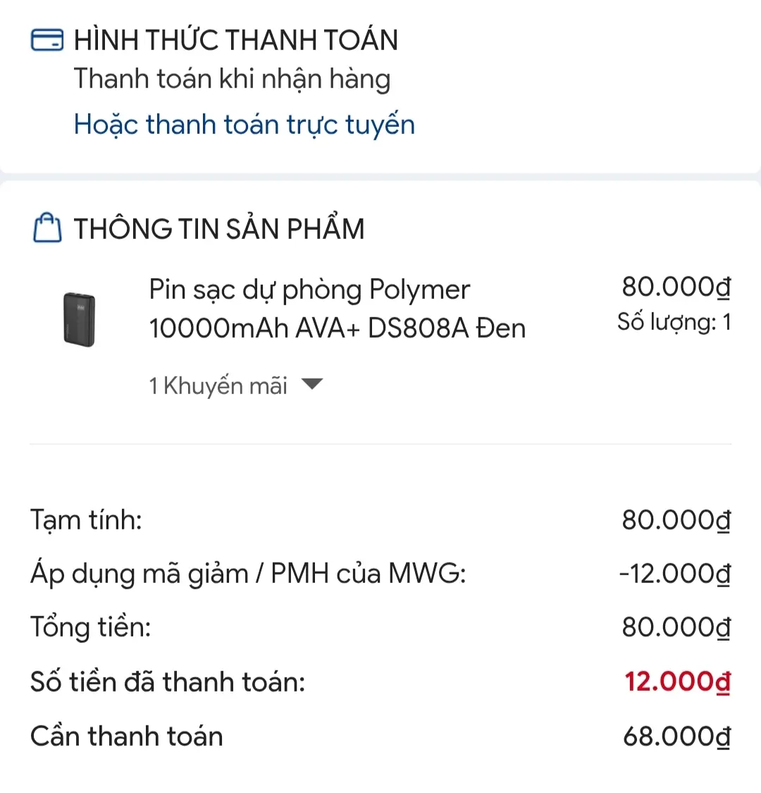 Khách hàng review Pin sạc dự phòng Polymer 10000mAh 12W AVA+ DS808A 1