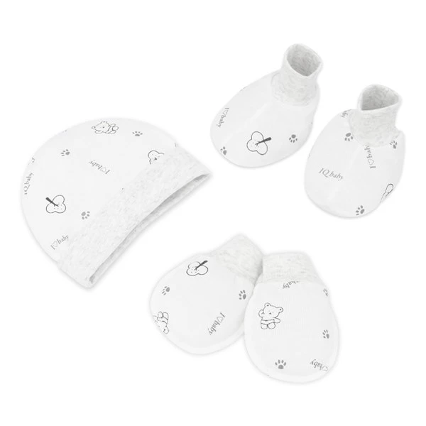 Set nón, bao tay bao chân cotton IQ Baby màu trắng in gấu xám