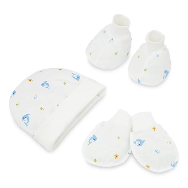 Set nón, bao tay bao chân cotton IQ Baby màu trắng in cá heo xanh