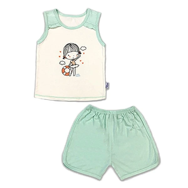 Bộ sát nách bé gái BabyMommy màu trắng - xanh mint