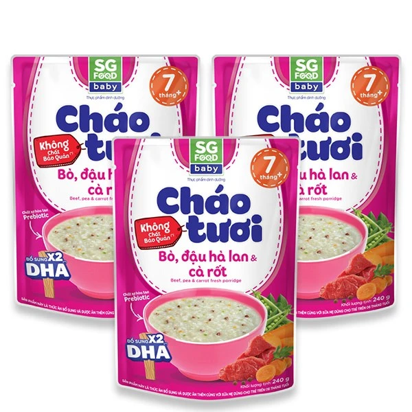 Combo 3 gói cháo tươi SG Food Baby vị bò, đậu Hà Lan và cà rốt