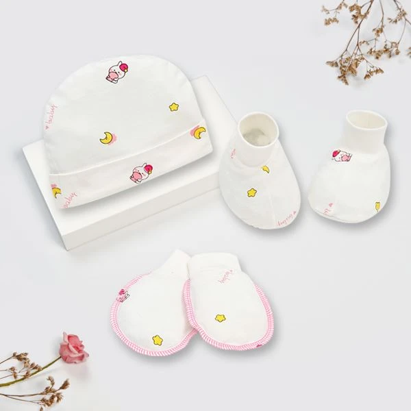 Set nón, bao tay bao bao chân visco IQ Baby màu trắng in thỏ baby