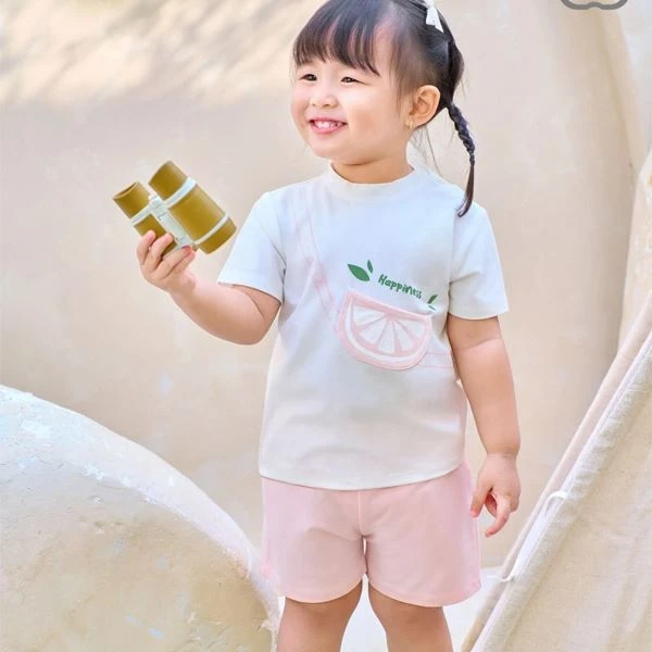 Bộ tay ngắn bé gái La Pomme túi trái cây màu trắng - hồng