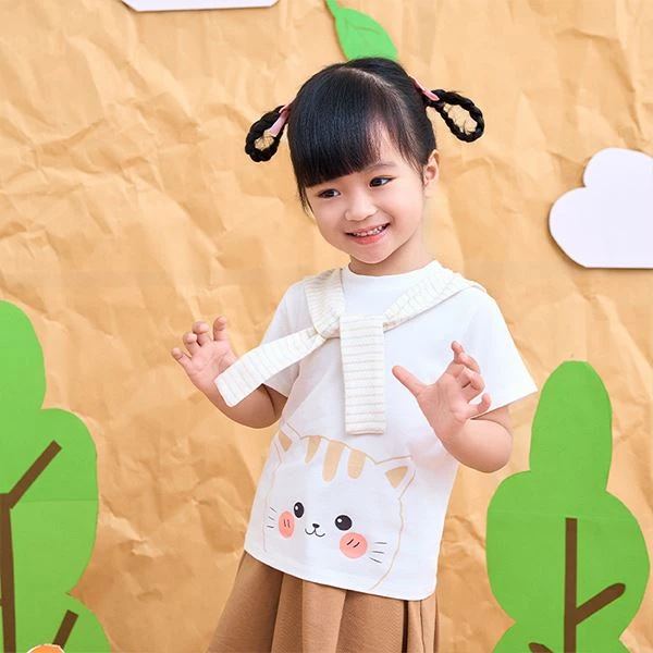 Bộ tay ngắn bé gái La Pomme Good Day màu nâu - trắng
