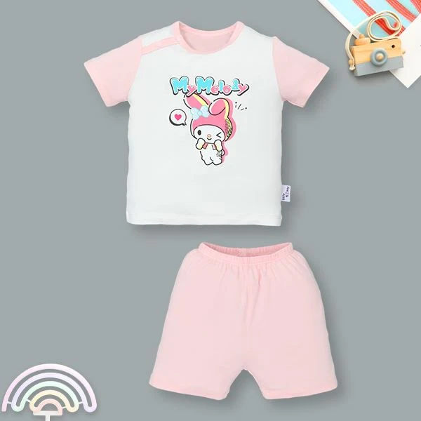 Bộ tay ngắn bé gái BabyMommy cài vai in hoạt hình màu hồng - trắng