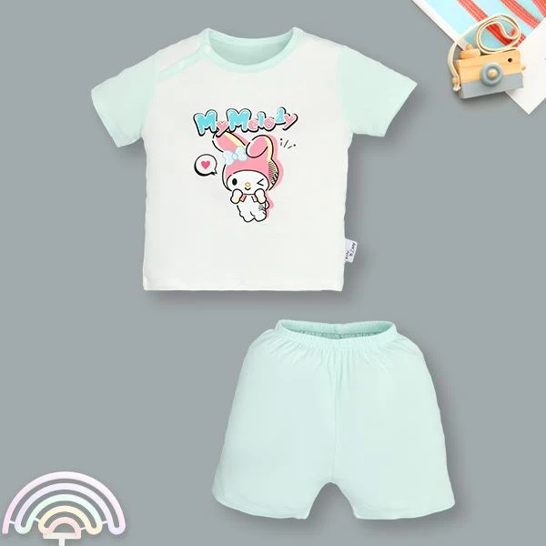 Bộ tay ngắn bé gái BabyMommy cài vai in hoạt hình màu xanh mint - trắng