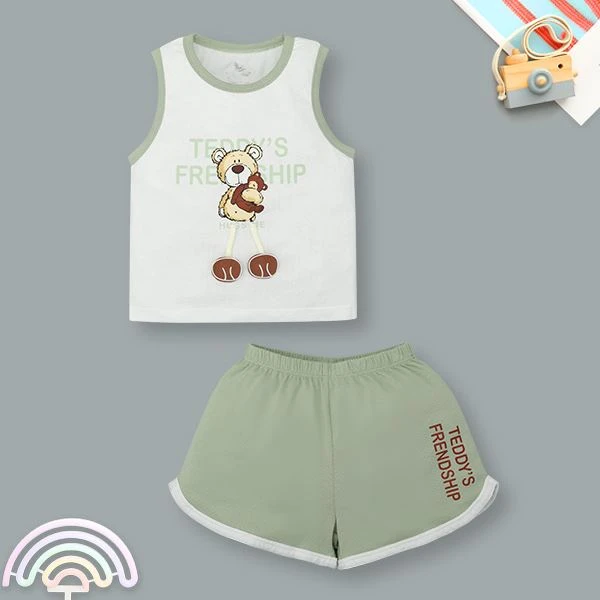 Bộ sát nách bé trai Pony Kids in gấu màu trắng - xanh lá