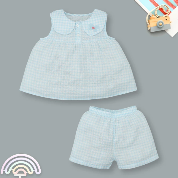 Bộ sát nách bé gái Lullaby NH302N màu xanh dương - trắng