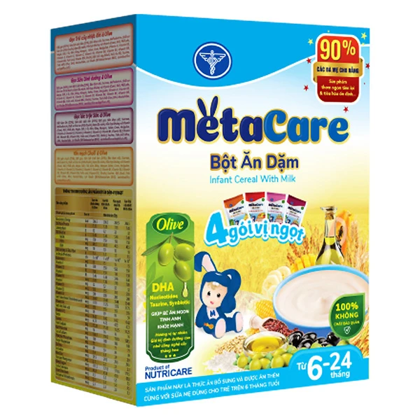 Bột ăn dặm MetaCare gạo trái cây nhiệt đới và olive, gạo sữa dinh dưỡng và olive, gạo lức trộn sữa và olive, yến mạch chuối và olive