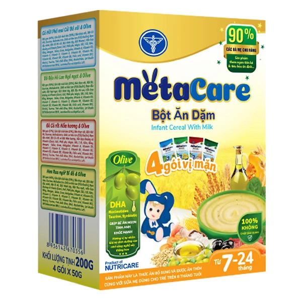 Bột ăn dặm MetaCare cá hồi phô mai cải bó xôi và olive, bò đậu hà lan ngô ngọt và olive, gà cà rốt nấm hương và olive, heo rau ngót bí đỏ và olive