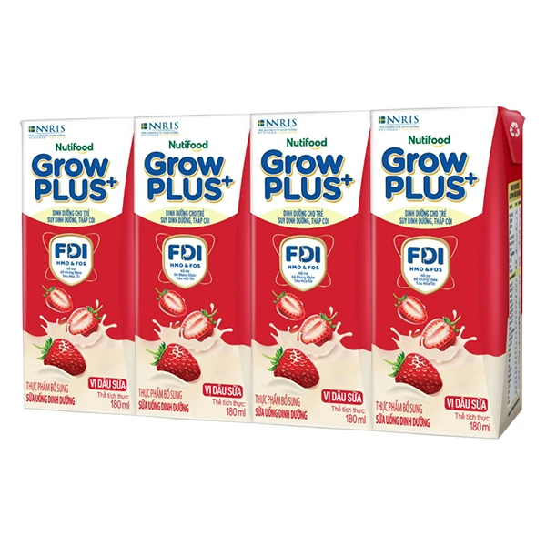Lốc 4 hộp sữa pha sẵn Nutifood GrowPLUS+ đỏ cho trẻ suy dinh dưỡng, thấp còi